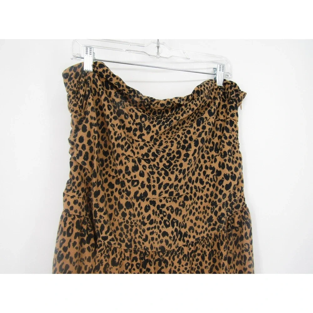 Brown Leopard Print Linen Strapless Midi Dress XL Casual Safari Animal Boho Chic